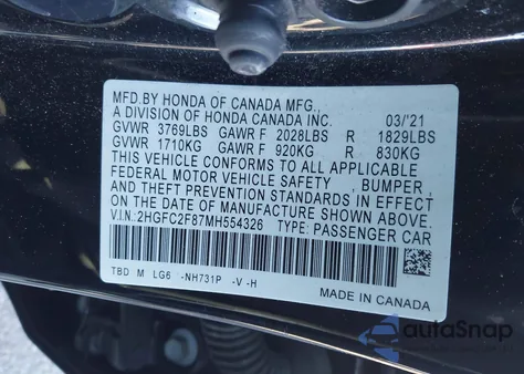 2021 Honda Civic Sport z USA, uszkodzony, nr VIN 2HGFC2F87MH554326